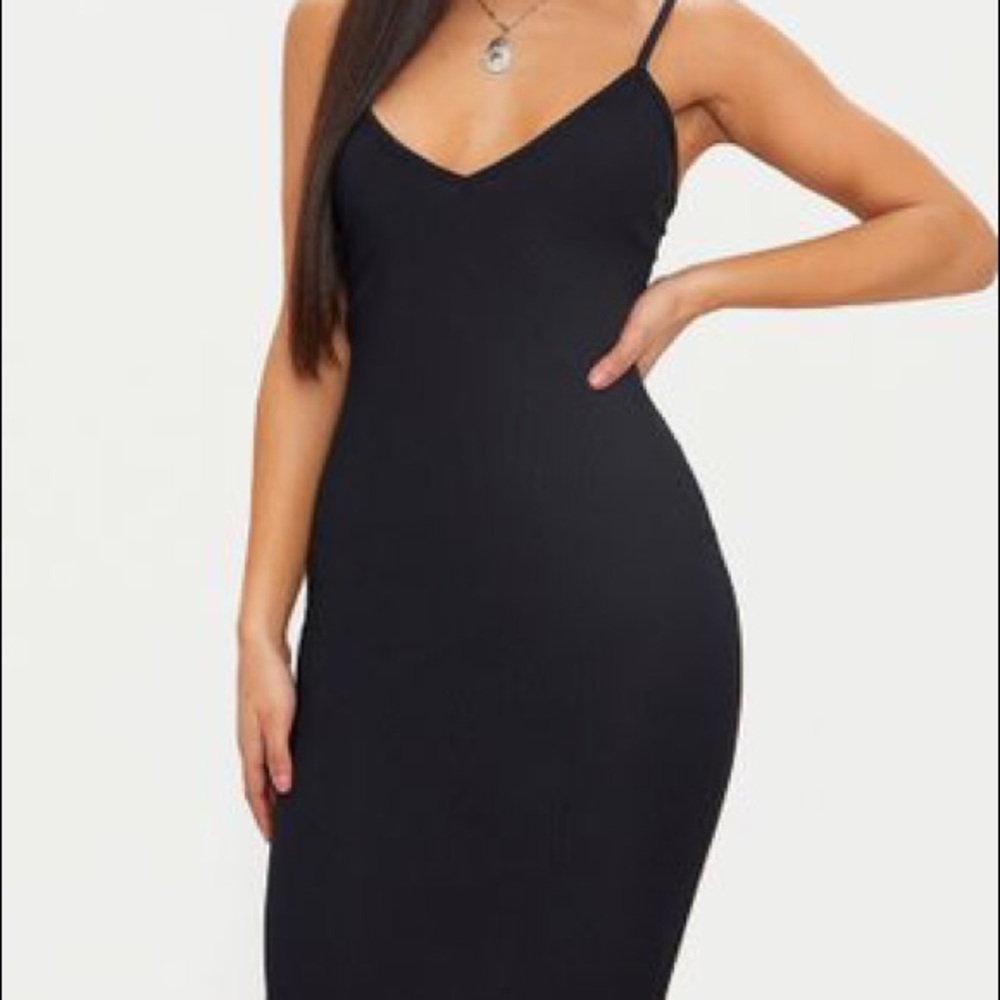 Black Ribbed Plunge Midi Bodycon Dress